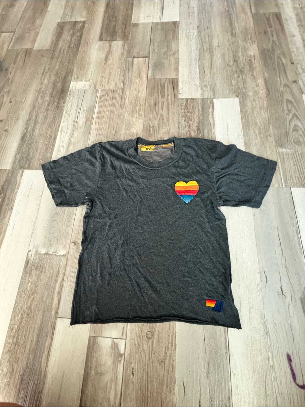Aviator Nation Kids Charcoal Tee with Rainbow Heart Patch